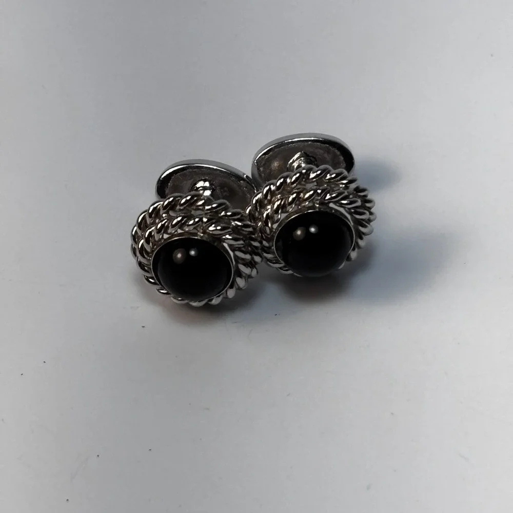 Vintage Cuff Links Silver Tone‎ Black Stone Elegant Mid Century